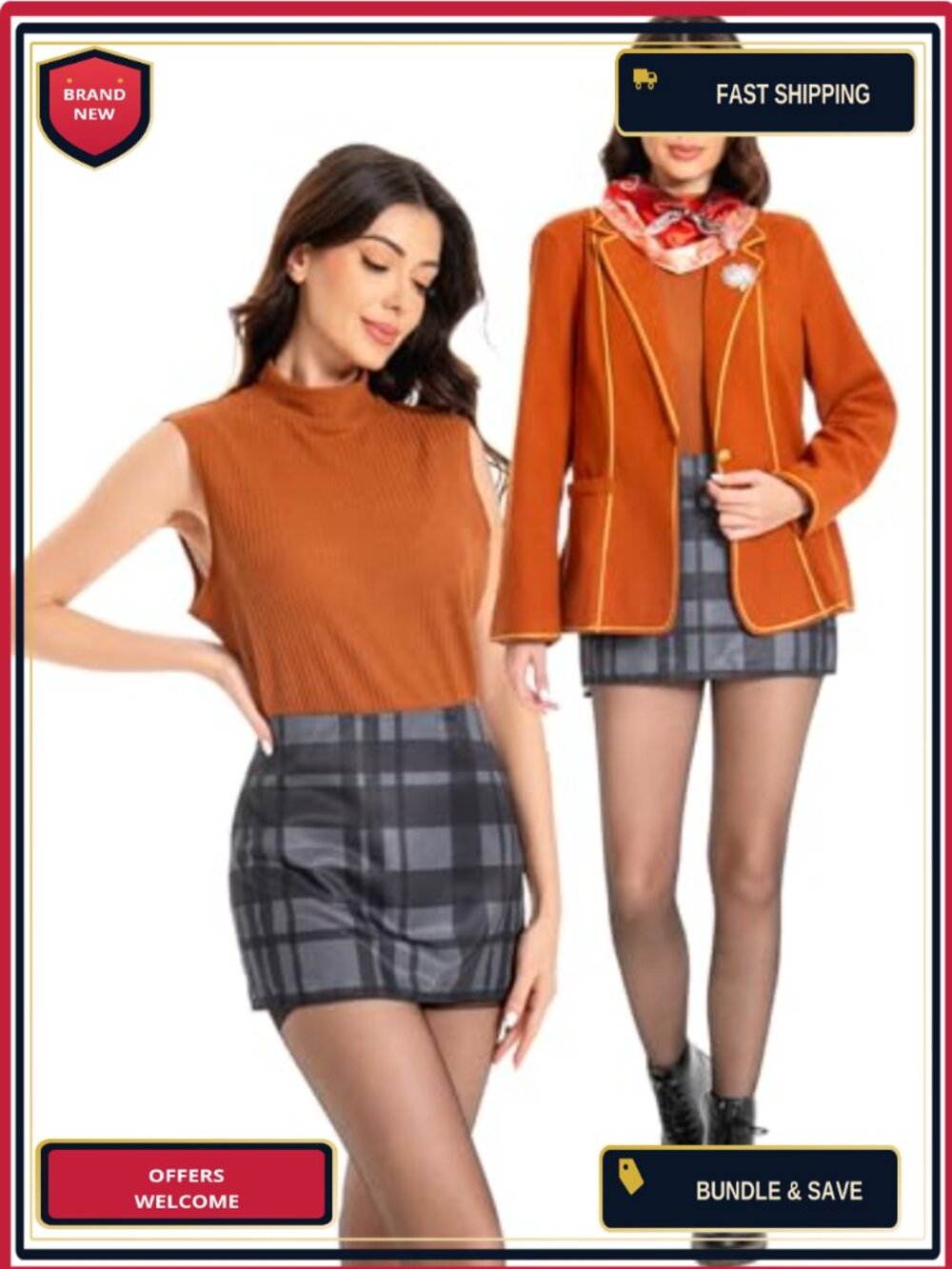 Women Cosplay Costume Set Coat Skirt Scarf Brooch Halloween Party Outfit
